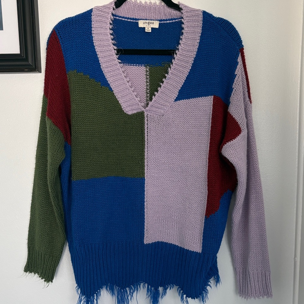 Umgee Multicolor Color Block Deep V Neck Sweater M